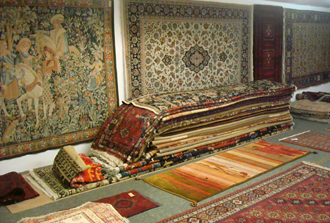 Shop interior with a wide selection of handknotted rugs